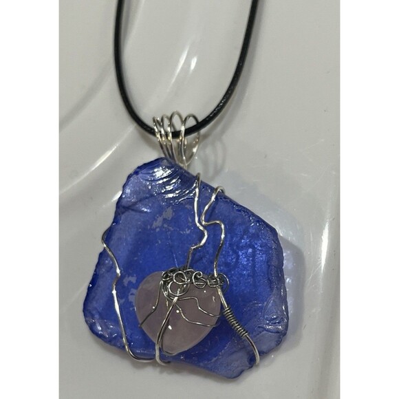 Rose Quartz & Blue Sea Glass Unconditional Love Silver Tone Wire Wrapped Pendant - Picture 2 of 6